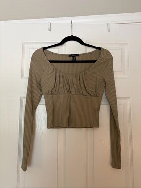 Forever 21 Olive Ribbed Long Sleeve Crop Top with Scoop Neck